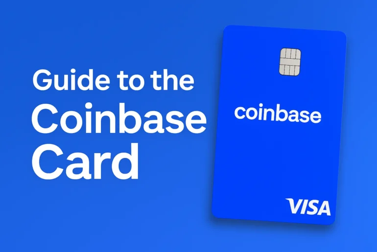 Coinbase Card guide showing a blue Visa debit card with the Coinbase logo and bold text ‘Guide to the Coinbase Card’ on a gradient background.