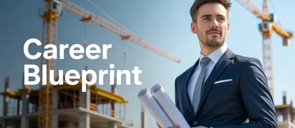 A real estate developer reviewing blueprints at a construction site.