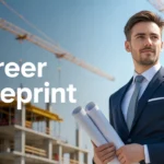 A real estate developer reviewing blueprints at a construction site.