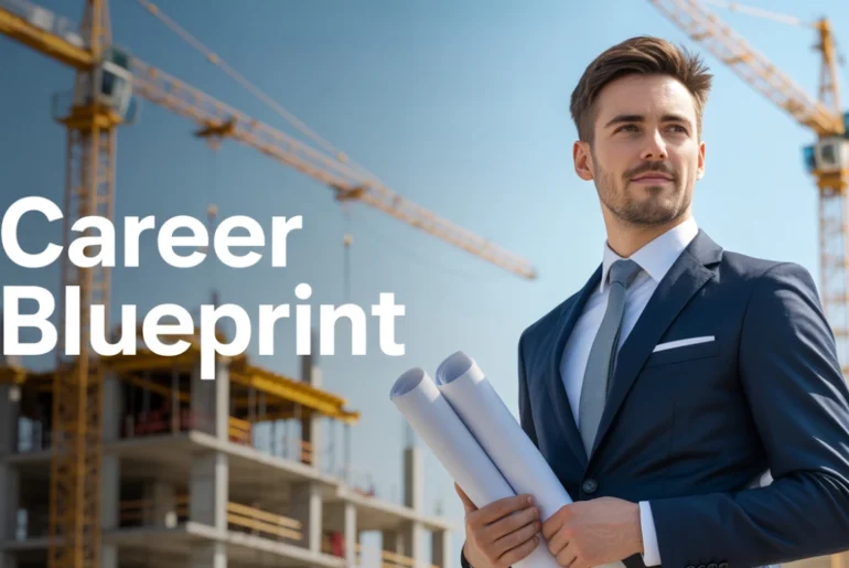 A real estate developer reviewing blueprints at a construction site.