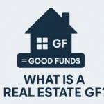 Illustration of a house icon labeled "GF = Good Funds" with the blog title "What Is a Real Estate GF?" in bold below, on a clean light gray background. Ask ChatGPT
