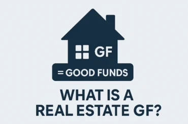 Illustration of a house icon labeled "GF = Good Funds" with the blog title "What Is a Real Estate GF?" in bold below, on a clean light gray background. Ask ChatGPT