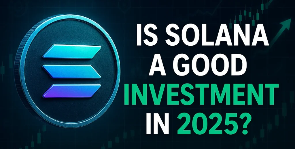 Solana coin with digital chart and investment question for 2025.
