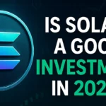 Solana coin with digital chart and investment question for 2025.