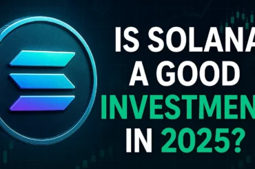 Solana coin with digital chart and investment question for 2025.