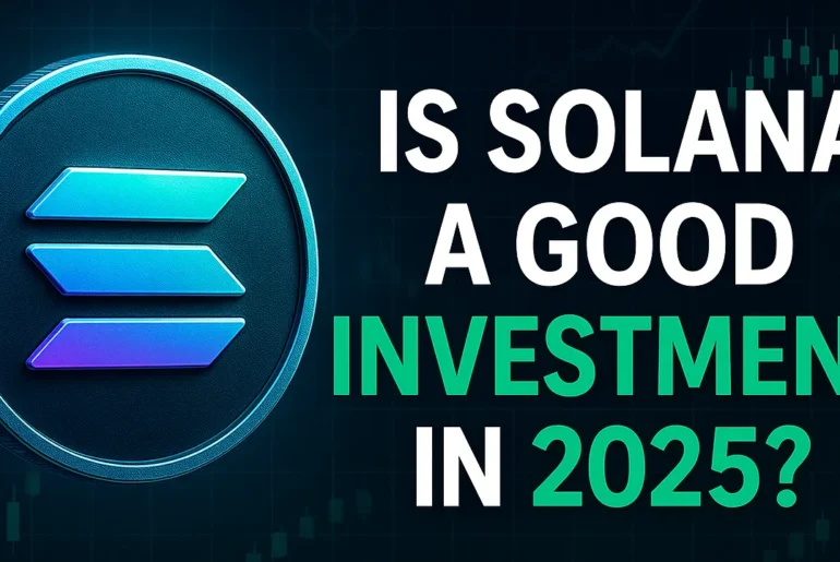 Solana coin with digital chart and investment question for 2025.