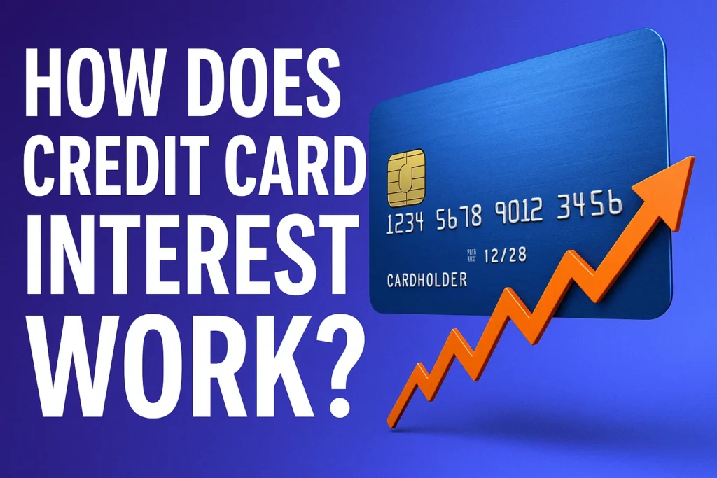 A blue credit card with a gold chip is displayed next to bold white text that reads “How Does Credit Card Interest Work?”