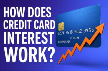A blue credit card with a gold chip is displayed next to bold white text that reads “How Does Credit Card Interest Work?”