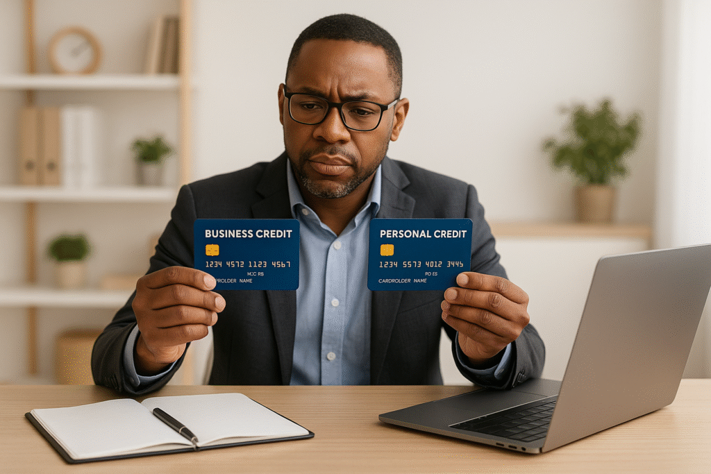 Business owner comparing business and personal credit cards at a desk.