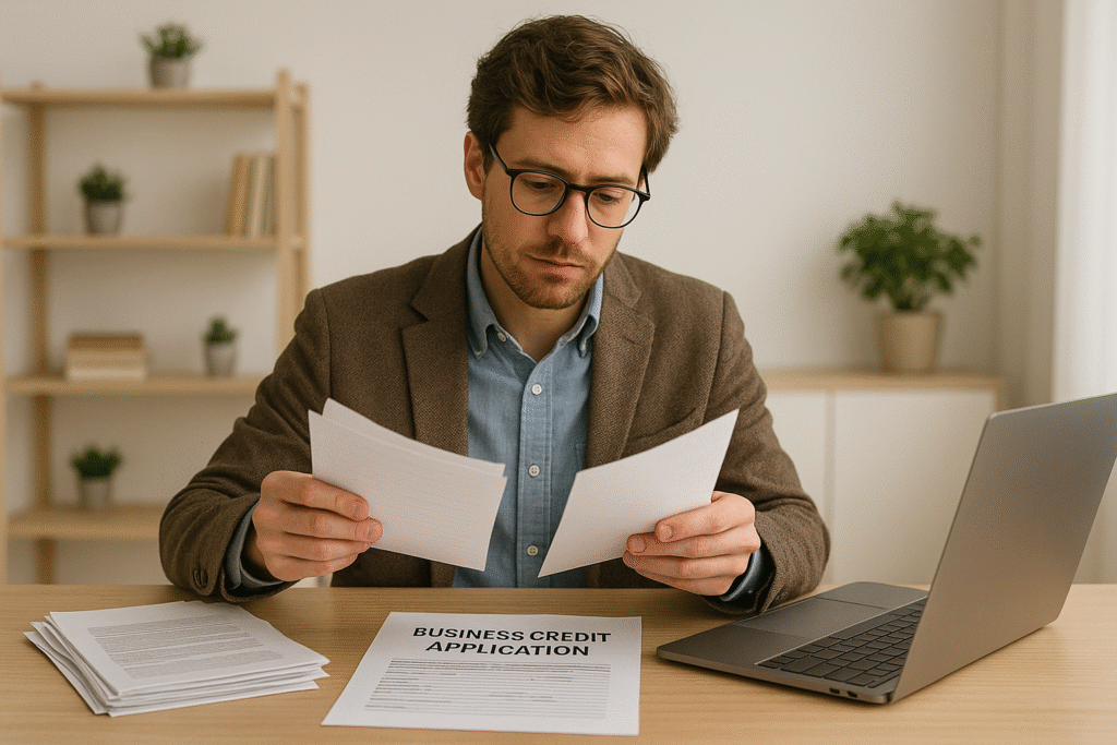 Entrepreneur gathering documents for a business credit card application.