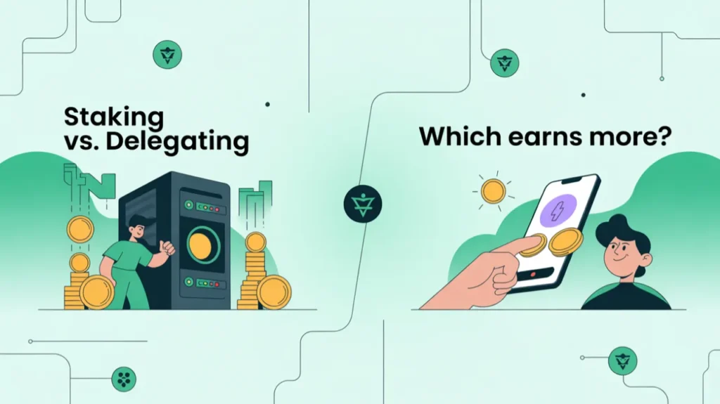 Illustration comparing staking and delegating in crypto; one side shows a person running a validator node with coins rising, and the other side shows a person delegating via mobile app, with text "Staking vs. Delegating – Which Earns More?" in bold; background features blockchain and crypto symbols.