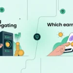 Illustration comparing staking and delegating in crypto; one side shows a person running a validator node with coins rising, and the other side shows a person delegating via mobile app, with text "Staking vs. Delegating – Which Earns More?" in bold; background features blockchain and crypto symbols.