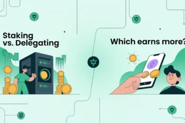 Illustration comparing staking and delegating in crypto; one side shows a person running a validator node with coins rising, and the other side shows a person delegating via mobile app, with text "Staking vs. Delegating – Which Earns More?" in bold; background features blockchain and crypto symbols.